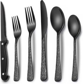 24-Piece Black Silverware Set with Steak Knives, Black Flatware Set for 4, Food-Grade Stainless Steel Tableware Cutlery Set