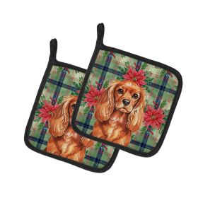 Ruby English Toy Spaniel Christmas PoinsettIas Pair of Pot Holders Pair 7.5x7.5 Quilted Insulated Hot Pads Decorative Kitchen Gift Made in USA