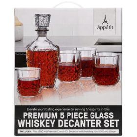 Appetit 5 Piece Vintage Ice Cut Whiskey Decanter and Glasses Set