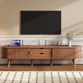 Assembly Video Wooden Oval Fluted TV Stand With Charging Station For TV Up To 80, Mid-Century Media Console With Sliding Tambour Door, Farmhouse (Option: Walnut)