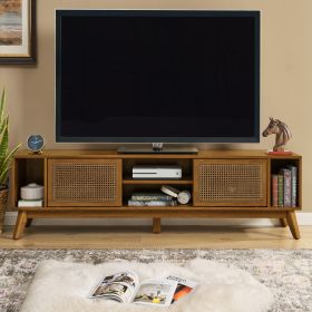 67.9 Inch Mid Century Modern Rattan TV Stand For TVs Up To 75, Entertainment Cabinet, Media Console For Living Room Media Room, Solid Wood Feet & (Option: Walnut Brown)
